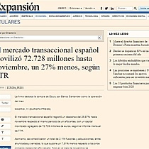 El mercado transaccional espaol moviliz 72.728 millones hasta noviembre, un 27% menos, segn TTR